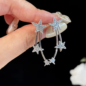 Korean Light Luxury Zirconia Star Pendant Tassel Stud Earrings Exquisite Niche Design Feel Elegant Silver Color Earrings For Women Jewelry
