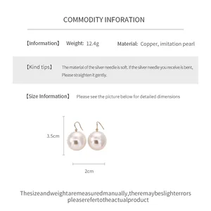 Detailed specification of large pearl drop earrings with 3.5cm height and 2cm width info.