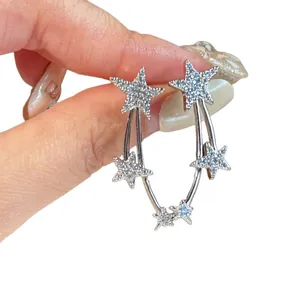 Elegant Korean style silver earrings with sparkling zircon star tassels