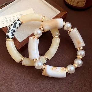 Elegant bohemian acrylic pearl bracelet with marble and polka dot patterns for women