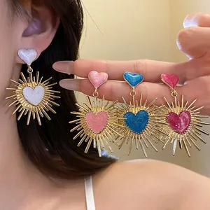 Boucles d'Oreilles Pendentif Cœur en Alliage Émail Avec Tige en Argent Sterling 925 Rayon de Soleil Cœur Émail Clous d'Oreilles Pour Femmes