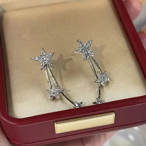 Detailed view of elegant silver star-shaped stud earrings with zircons in a classic red jewelry box