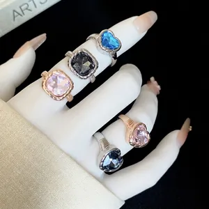 Heart Shape Alloy Rhinestone Open Rings For Women Vintage Luxury Gold Silver Color Adjustable Finger Ring Fashion Jewelry Gift