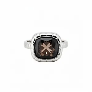 Vintage style silver ring with a square dark brown cushion-cut gemstone center.