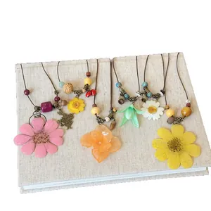 Bohemian handmade preserved flower necklaces with wooden beads and leather cords