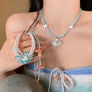 Summer Vacation Glass Bead Fish Necklace Handmade Ocean Shell Artificial Pearl Choker For Women Beach Fashion Jewelry