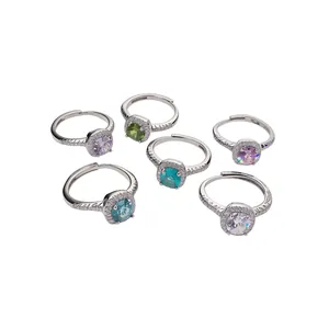 Set of six adjustable silver rings featuring colorful round zircon candy stones