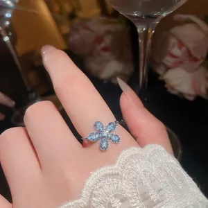 Anello a fiore in zircone blu stile giardino di Monet per donna gioielli eleganti