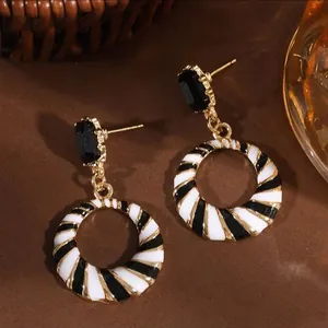 Vintage Western Exaggerated Alloy Rhinestone Geometric Hoop Earrings With 925 Sterling Silver Post Black White Enamel Stripe Round Drop Earrings For Women