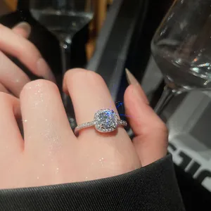 Detailed close-up of a luxury round zircon halo ring on a finger in an elegant setting