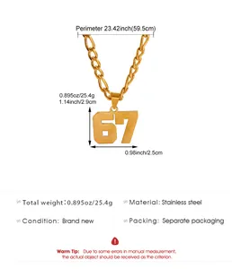 Collana con ciondolo numero 67 in acciaio inossidabile con specifiche di peso e dimensioni.