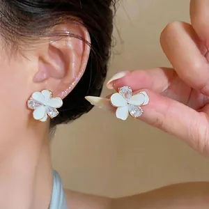 Vintage Zirconia Flower Stud Earrings For Women Copper White Enamel Floral Earring With 925 Sterling Silver Post Jewelry Gift