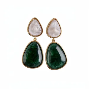 Vintage gold-tone drop earrings with green and white marbled resin teardrop pendants