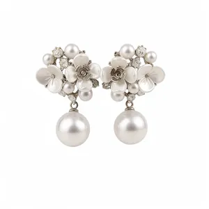 French vintage style white flower stud earrings with crystals and hanging pearls