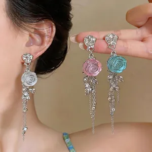 Lussuosi Orecchini Pendenti con Nappa Lunga a Forma di Rosa in Resina con Perno in Argento Sterling 925 Lega Strass Foglia per Donna