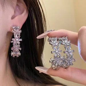 Vintage Elegant Zirconia Flower C-Shaped Stud Earrings For Women With Silver Earring Post Luxury Copper Inlaid Jewelry