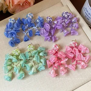 Chiffon Flower Artificial Pearl Stud Earrings With 925 Sterling Silver Earring Post For Women Beach Vacation Fashion Jewelry