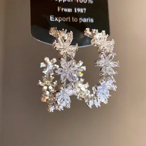 Elegant vintage silver needle C-shaped hoop earrings with exquisite sparkling zircon flowers