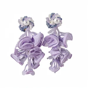 Elegant lavender chiffon flower and pearl earrings for beach vacations and daily wear