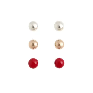 Set of three pairs of elegant round stud earrings in silver, gold, and red finishes.