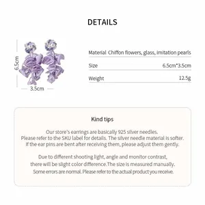 Detailed view of purple chiffon flower earrings with dimensions and material info.