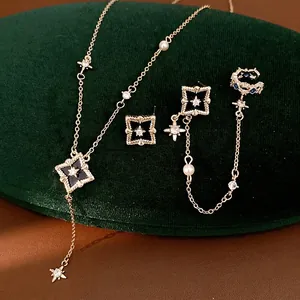 Luxury Copper Zirconia Rhombus Star Necklace And Earrings Set For Women Vintage Jewelry With Artificial Pearl Embellishment
