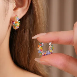 Handcrafted colorful beaded hoop earrings for women featuring vibrant multi-color woven beads.