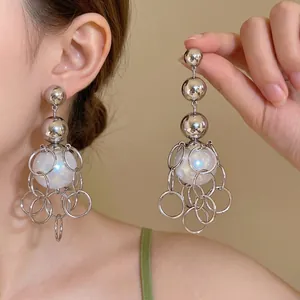 French Vintage Exaggerated Round Fringe Tassel Earrings Women Elegant Artificial Pearl Drop Stud Jewelry Accessories