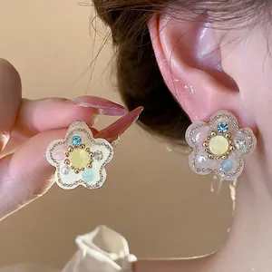 Pendientes de Botón de Flor de Resina Exquisitos Con Poste de Plata de Ley 925 Strass Perla Artificial Joyería Chapada en Oro
