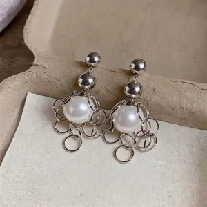 French vintage style silver metal ring and large pearl tassel stud earrings for women