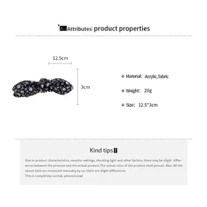 Floral bow banana hair clip detail showing dimensions and material specifications