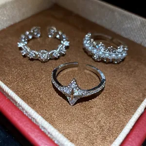 Zirconia Hollow Round Open Ring Adjustable Copper Silver Plated Geometric Star Starburst Finger Ring Fashion Jewelry For Women