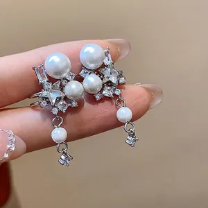 Korean Style Copper Alloy Rhinestone Star Artificial Pearl Ear Cuff Clip-On Earrings Fashion Elegant Jewelry For Women