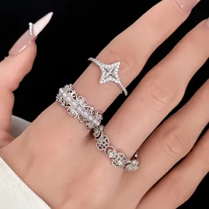 Elegant minimalist silver color rings with zircon and pearls jewelry for women.