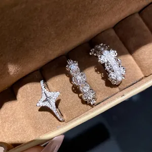 Elegant silver zircon star and hollow filigree open ring set for women fashion jewelry
