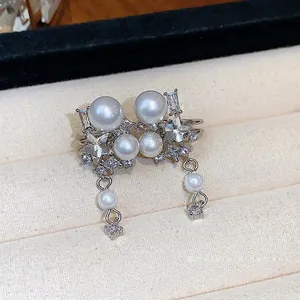 Korean star zircon pearl ear cuff earrings with elegant dangling pearls in luxury jewelry box