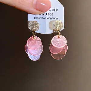 Elegant Korean style pink cat eye stone layered drop earrings with S925 silver needles