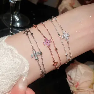 Korean Style Double Layered Copper Zirconia Bracelet For Women Light Luxury Four Leaf Flower Star Pendant Elegant Jewelry