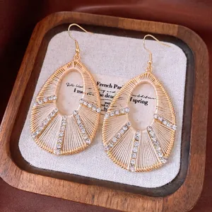 Luxury Hollow Teardrop Drop Earrings For Women Gold Plated Alloy Rhinestone Inlaid Hand-wrapped White Thread Dangle Earrings Jewelry Gift