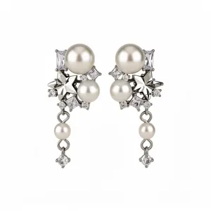 Elegant star and pearl clip-on earrings with shimmering zircons on white background