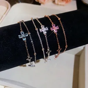 Elegant Korean style four-leaf flower zircon bracelets set on black velvet display