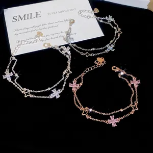 Elegant double-layered clover zircon bracelets available in silver and rose gold finishes