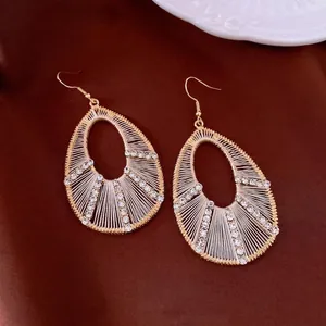 Fashionable gold-plated water-drop earrings with wire-wrapped design and rhinestones