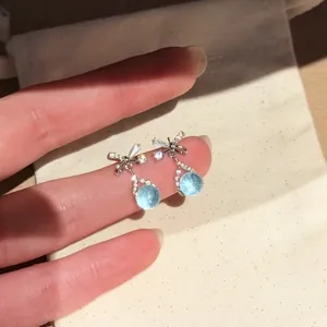 Luxury Bowknot Teardrop Zirconia Stud Earrings For Women Korean Style Copper Silver Plated Blue Stone Elegant Fashion Jewelry Gift