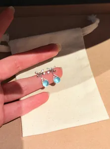 Macro detail of bowknot stud earrings featuring sparkling light blue round stones and silver finish