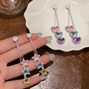 Luxury Zirconia Heart Star Tassel Earrings For Women 925 Sterling Silver Post Copper Colorful Long Drop Earrings Jewelry