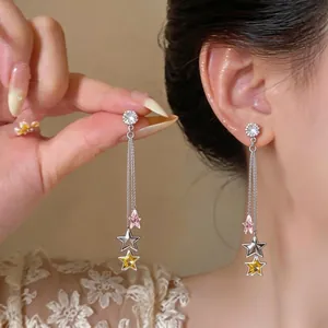 Elegant long tassel earrings with colorful star pendants and cubic zirconia studs