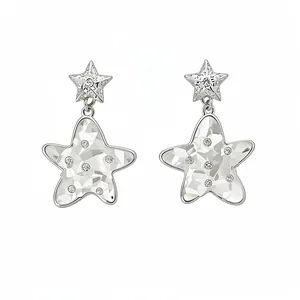 Elegant silver star earrings with faceted mother-of-pearl and crystal accents for women