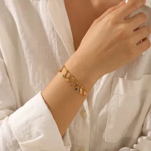 Women's Fashion Stainless Steel Bracelet Gold Plated Rhinestone Geometric Charms Bracelet Colorful Dangle Jewelry For Daily Party
