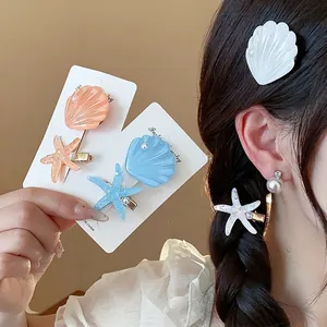 Seaside Vacation Resin Starfish Shell Hair Clips Set With Artificial Pearl Glitter Sweet Fashion Duckbill Side Clips For Women Jewelry